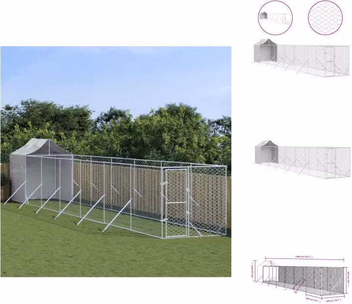 vidaXL Cuccia per cani da esterno con tetto argentato 2x14x2,5 m in acciaio zincato - Cucce e recinti per cani