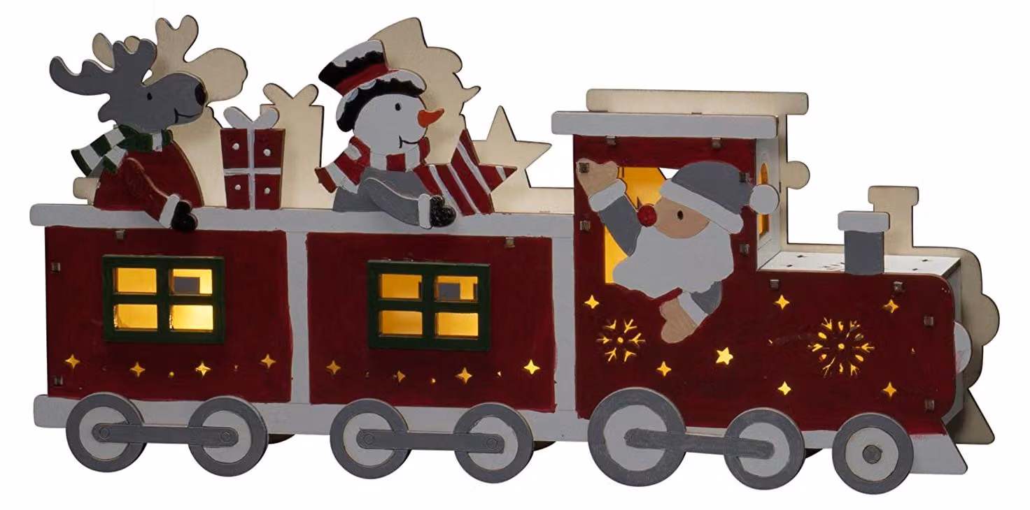 Treno a forma di silhouette di legno, rosso, con 3 LED bianco caldo, timer, alimentazione a batteria/USB