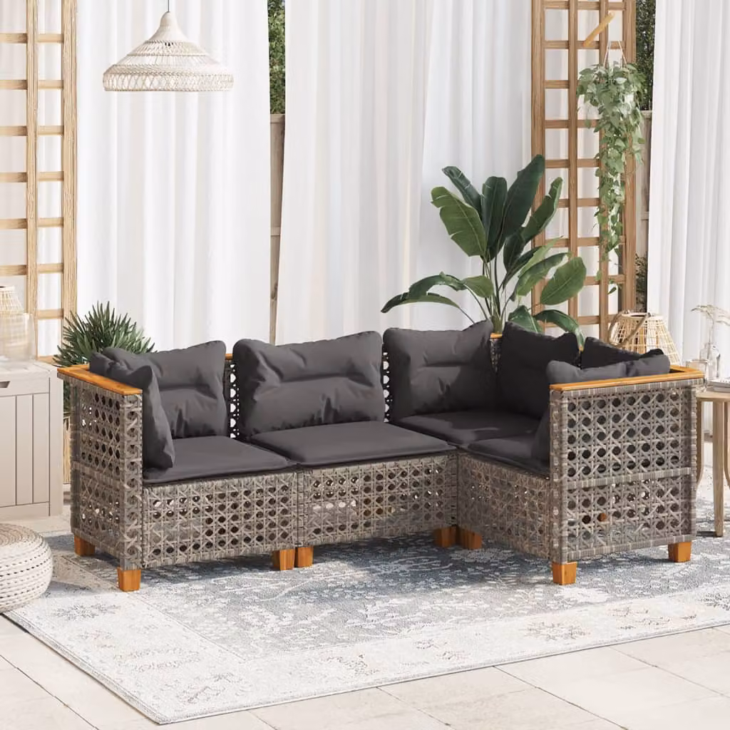 vidaXL Set Divani da Giardino 4 pz a L in Polyrattan e Legno di Acacia Grigio con Cuscini Inclusi – 1