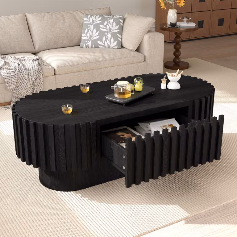 Tavolino da divano STILVORA con cassetto e design a lamelle, tavolino da salotto con lamelle verticali, tavolino ausiliario in legno, nero