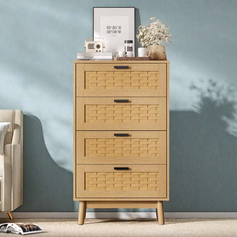 UnboxG Comò con 4 cassetti, comò in legno massello color rovere, cassettiera, armadio contenitore per camera da letto, soggiorno, corridoio, 55x40x95 cm