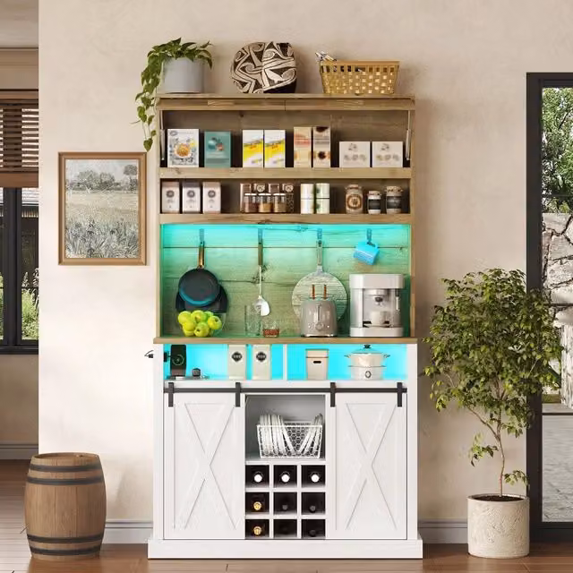 Mobile alto cucina con LED ¨C Minimal ¨C 191cm, anta a ribalta, porta vino, vetrina, prese elettriche, ganci