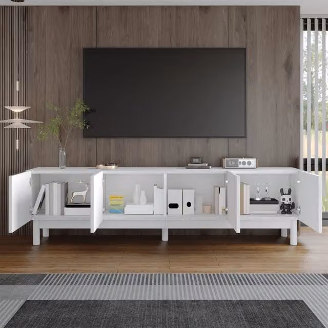 Mobile TV a quattro ante senza maniglie con ripiani in MDF e pannello truciolare bianco 169 × 34 × 45;5 cm