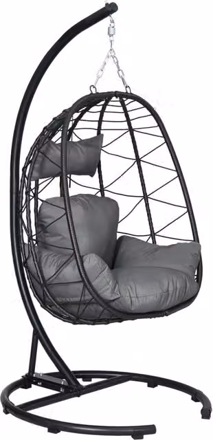 Sedia sospesa in rattan, alta 195 cm, con struttura, cuscino e copertura impermeabile, per uso esterno e interno, portata massima 150 kg.