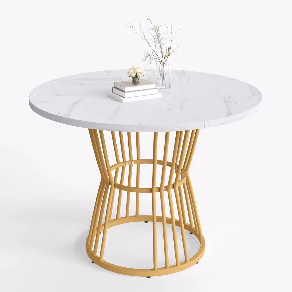 Tavolo da Pranzo Rotondo Minimal con Piano Effetto Marmo Bianco e Oro e Telaio in Metallo L: 100 cm, H: 75 cm – 2