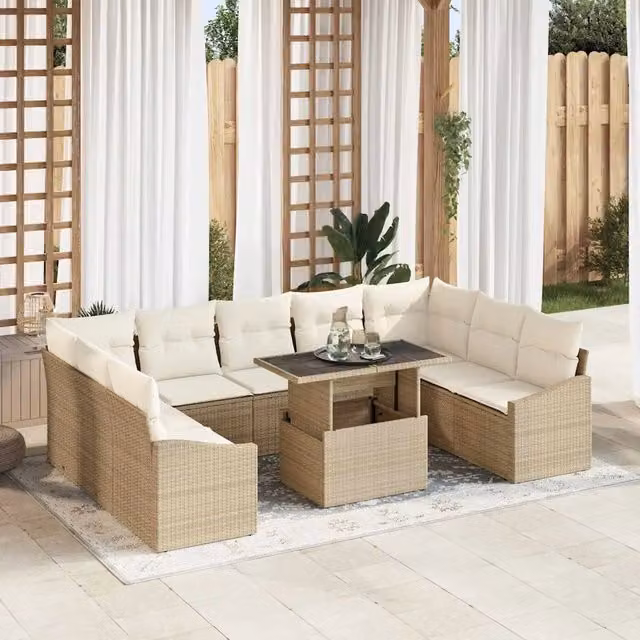 Set Divano da Giardino vidaXL a Forma a U con Tavolino e Ottoman, 10 Pezzi, Beige, in Metallo e Tessuto Resistente ai Raggi UV