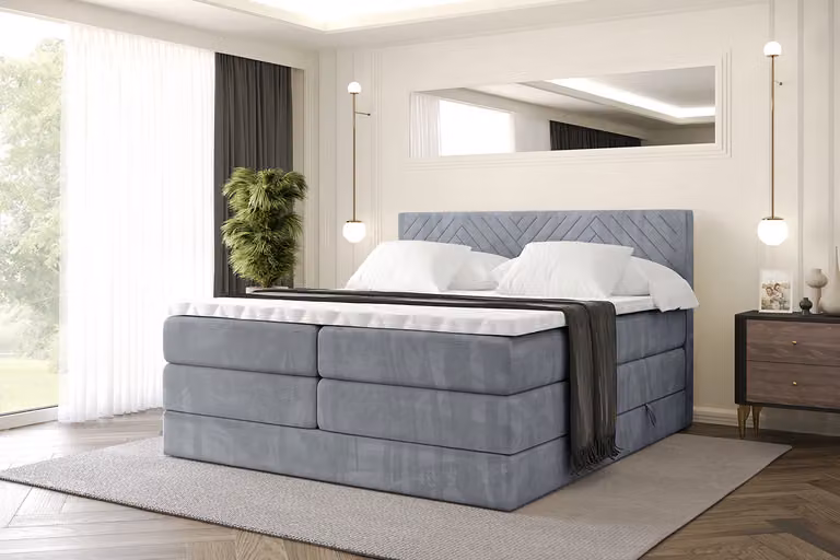 Letto boxspring ALTDECOR con materasso e rete a doghe, topper, letto imbottito con contenitore, letto con vano portaoggetti, materassi H3 e H4, letto matrimoniale, letto boxspring - VEXA KING - 180x200 - Grigio Casablanca