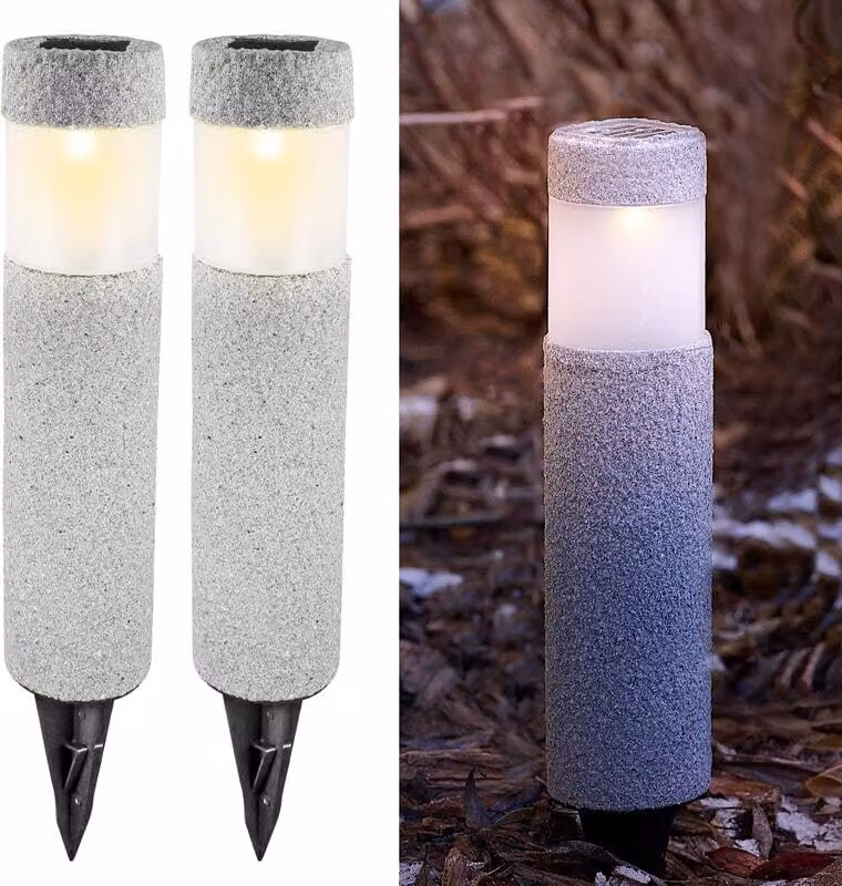 Set da 2 luci solari onyX con superficie in pietra naturale, luci da sentiero a LED con picchetto, per giardino, balcone, terrazza, resistenti alle intemperie, grigio, Eaxus
