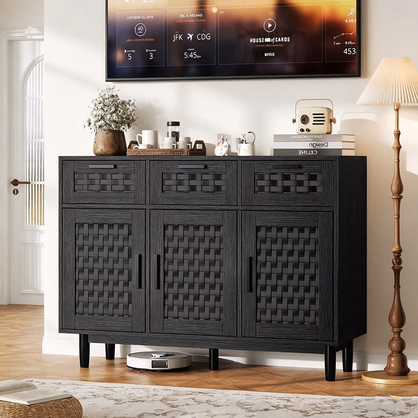 Mobile contenitore INONEFT con spazio di stoccaggio, armadietto con 3 ante e 3 cassetti, comò in rattan con gambe in legno, mobiletto da cucina, colore nero