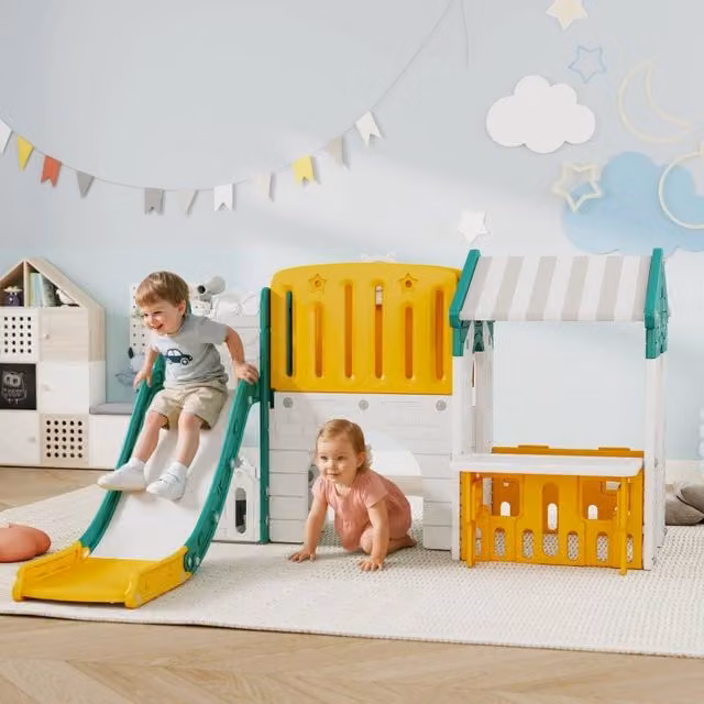Set Parco Giochi 7 in 1 REDOM con Casetta, Scivolo e Canestro in Plastica Gialla