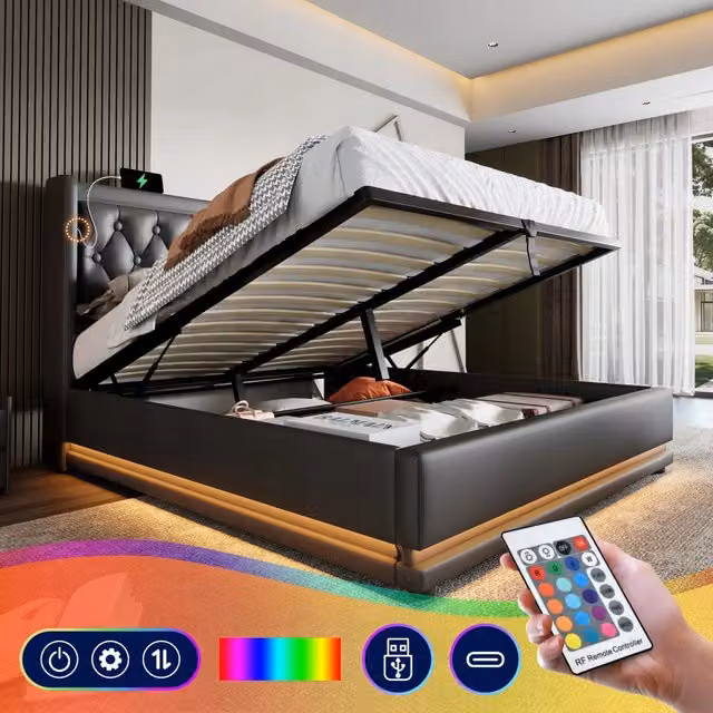 Letto imbottito con testiera - Xylo - 180x200 cm - Nero - Alzata LED USB-C