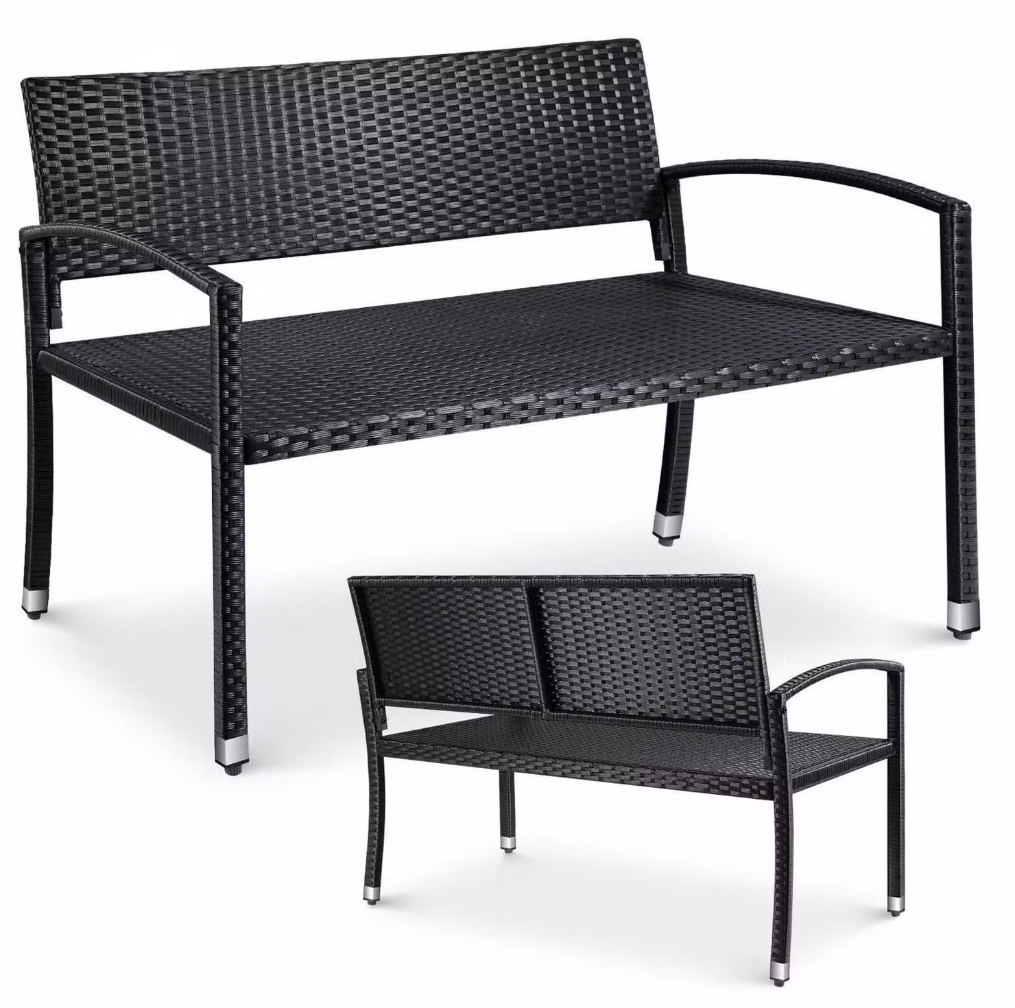 Panca da giardino in rattan, per 2 persone, con capacità di carico di 320 kg, dimensioni 122x60x85 cm, resistente alle intemperie, colore nero