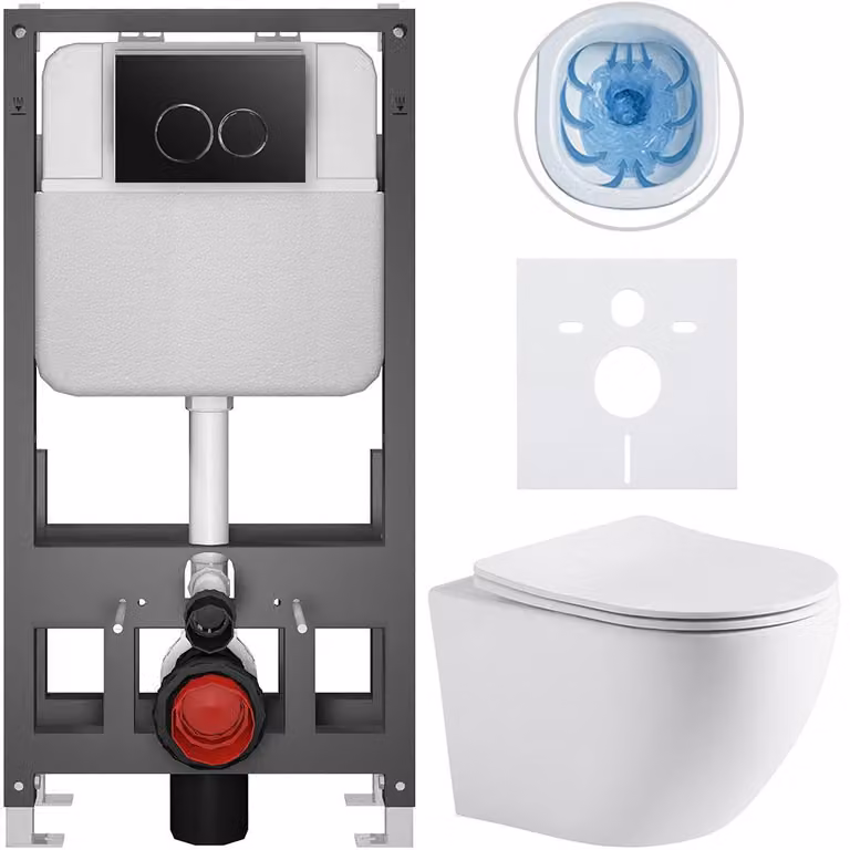 Set completo per WC a pavimento "Cesso" - bianco opaco - pulsante Prime/Dualo, nero - modello autoportante - installazione a parete/con pannelli di cartongesso - 49x36 cm