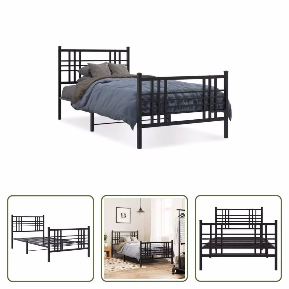 The Living Store Struttura letto con testiera e pediera in metallo nero 100x200 cm