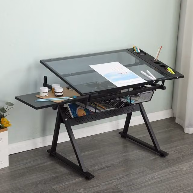 Scrivania moderna Mivray con piano in vetro temperato trasparente e struttura nera con due cassetti in metallo e sgabello coordinato