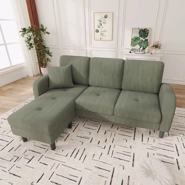 Divano angolare modulare a 3 posti con chaise longue e cuscino, in velluto a coste verde 166 × 118 × 77 cm