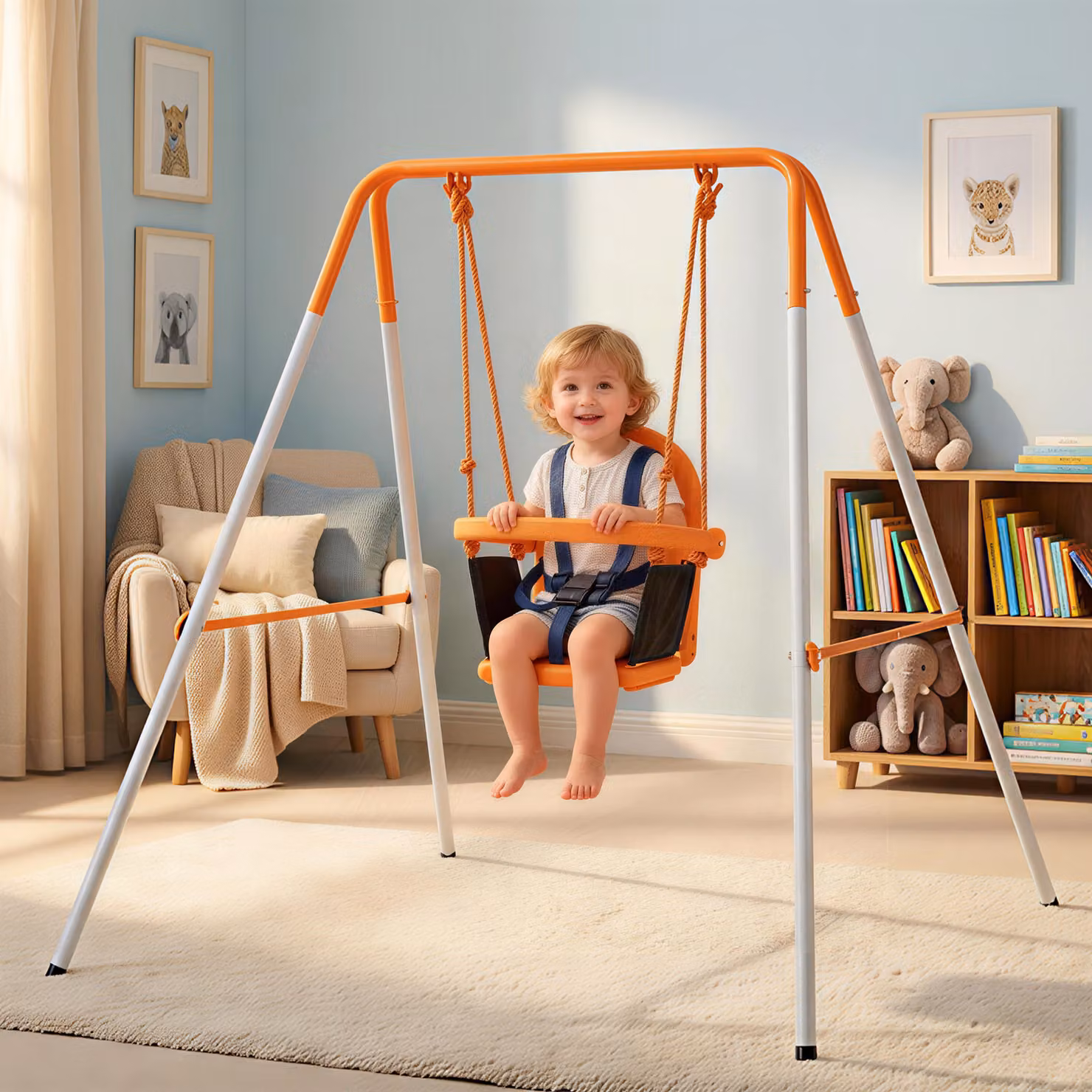 Altalena per bambini Outsunny da giardino in acciaio con schienale e cintura di sicurezza, arancione, portata 25 kg – 2