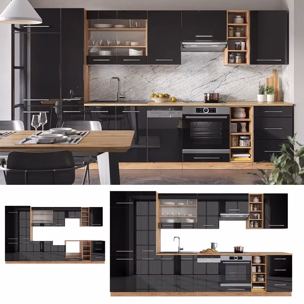 Cucina componibile Fame-Line Vicco moderna in antracite lucido e rovere dorato L: 355 cm – 2