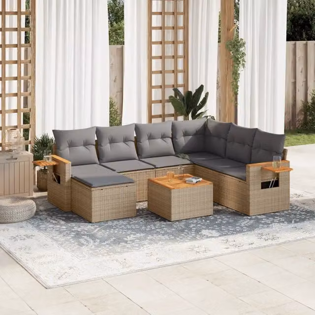 vidaXL Set Divano da Giardino 8 pz a Forma di L in Polyrattan con Cuscini Beige e Grigio e Tavolino da Esterno