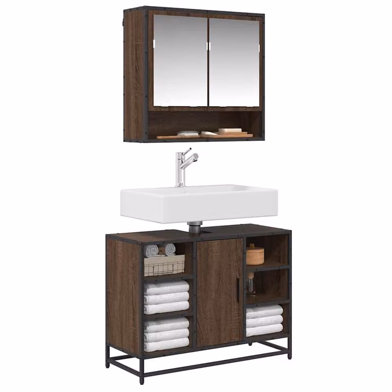 Mobile Lavabo da Bagno vidaXL in Rovere Marrone con Ripiani e Ante a Battente, L 60 x P 30 x H 60 cm