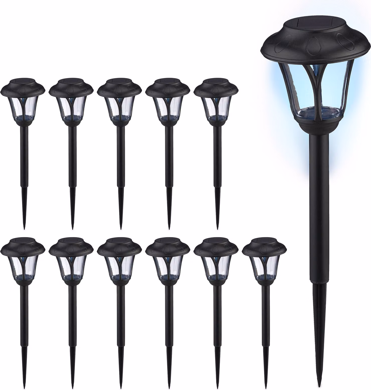 Set da 12 lampade solari Relaxdays, lampada solare a LED con picchetto, dimensioni: 39 x 11 cm, illuminazione da giardino moderna, per esterni, nero
