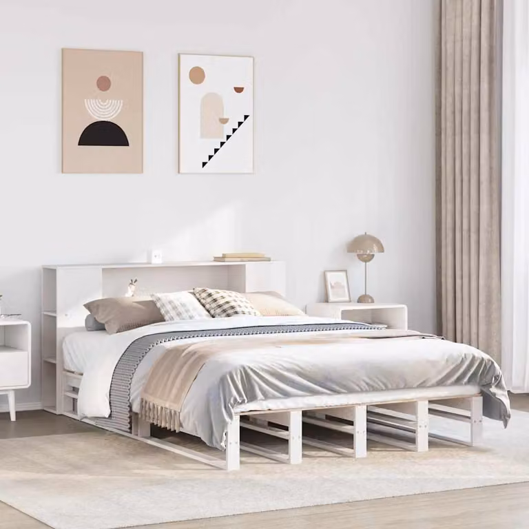 Letto Libreria vidaXL in Legno di Pino Massello con Ripiani Laterali Bianco e Marrone L/P/H: 200 x 140 x 146 cm