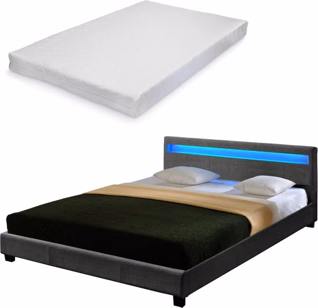 Letto Matrimoniale Corium con Testiera Alta, Illuminazione LED Sottostante e Materasso in Schiuma, Tessuto Grigio, L/P/H: 180 x 200 x 189 cm
