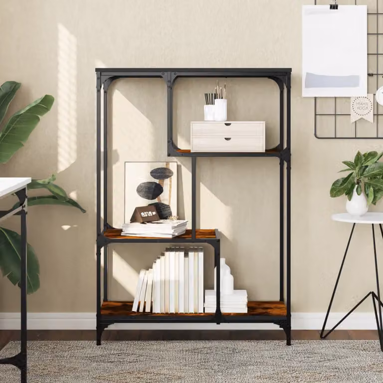 Libreria industrial vidaXL a 3 livelli con ripiani regolabili in legno e metallo, Rovere Fumo e Nero, L 81 cm x P 36 cm x H 115 cm