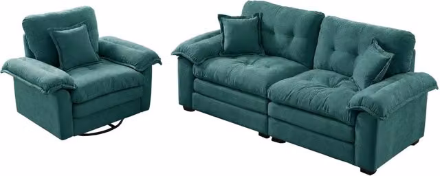 Set di divani moderni composto da una poltrona e un divano a 2 posti in tessuto chenille verde con cuscini coordinati e struttura mista