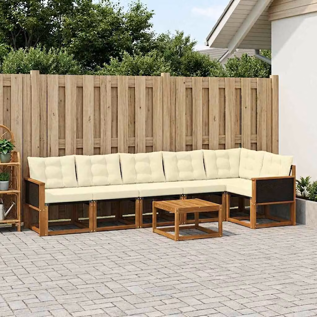 Set di divani da esterno a L vidaXL in legno di acacia con tavolo da caffè, 7 pezzi, beige e marrone