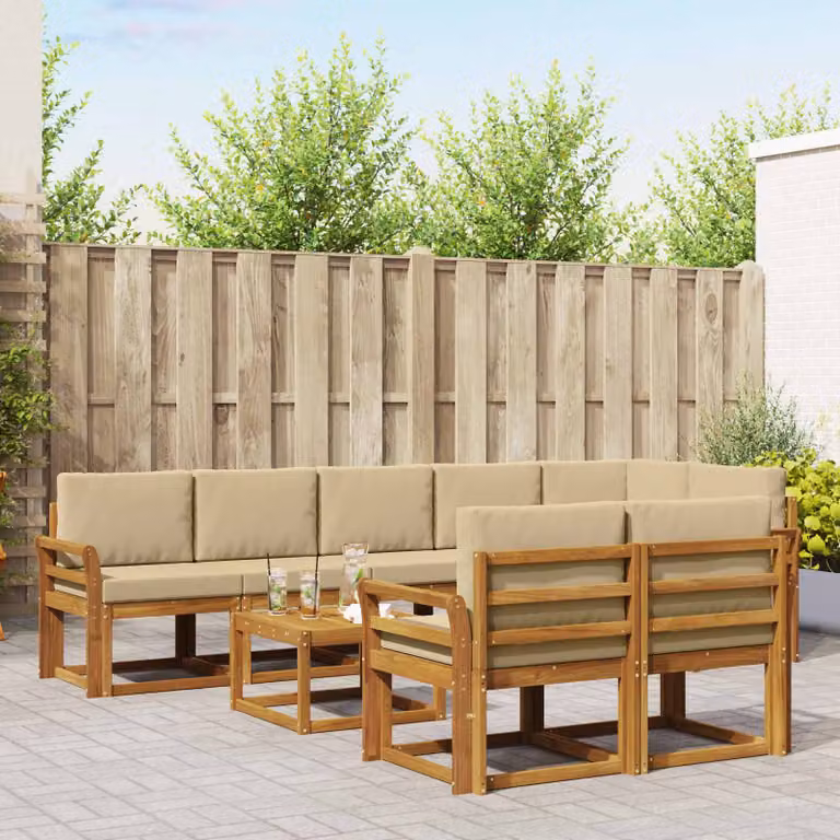 vidaXL Set di divani da esterno a L in legno di acacia con tavolo da caffè, 9 pezzi, Beige e Marrone