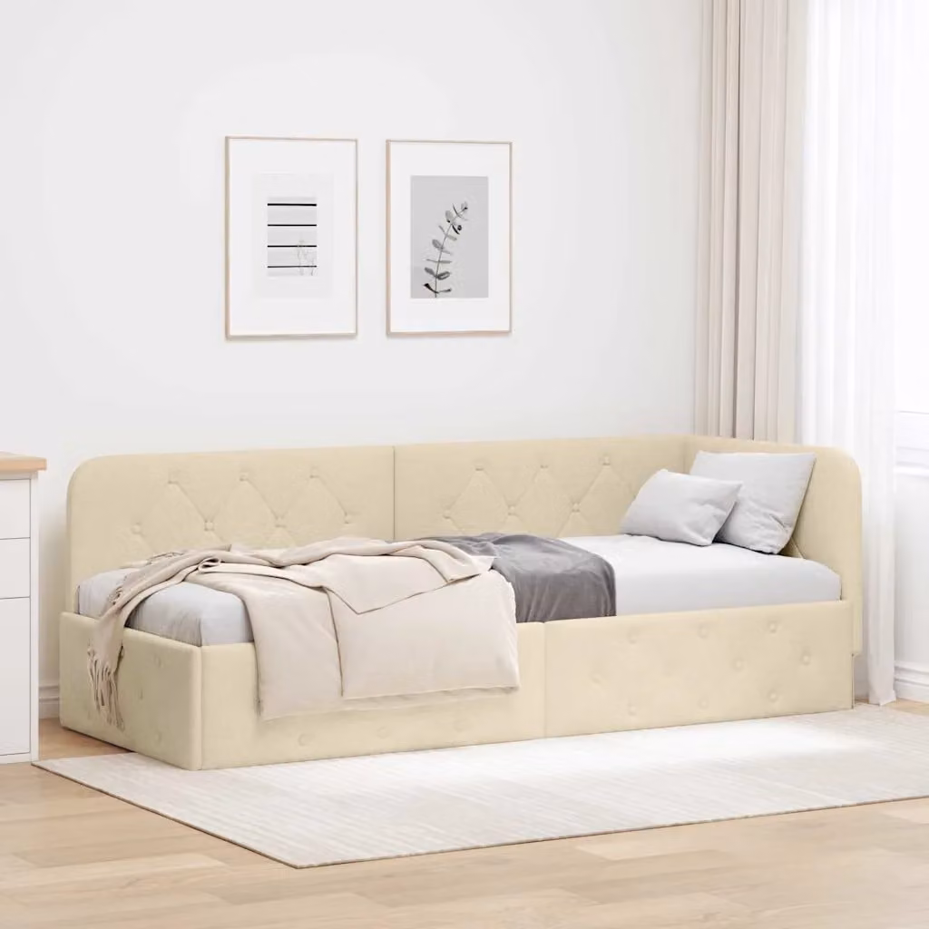 Cornice del letto ad angolo vidaXL in tessuto beige con struttura in legno, L 200 x P 80 x H 40 cm