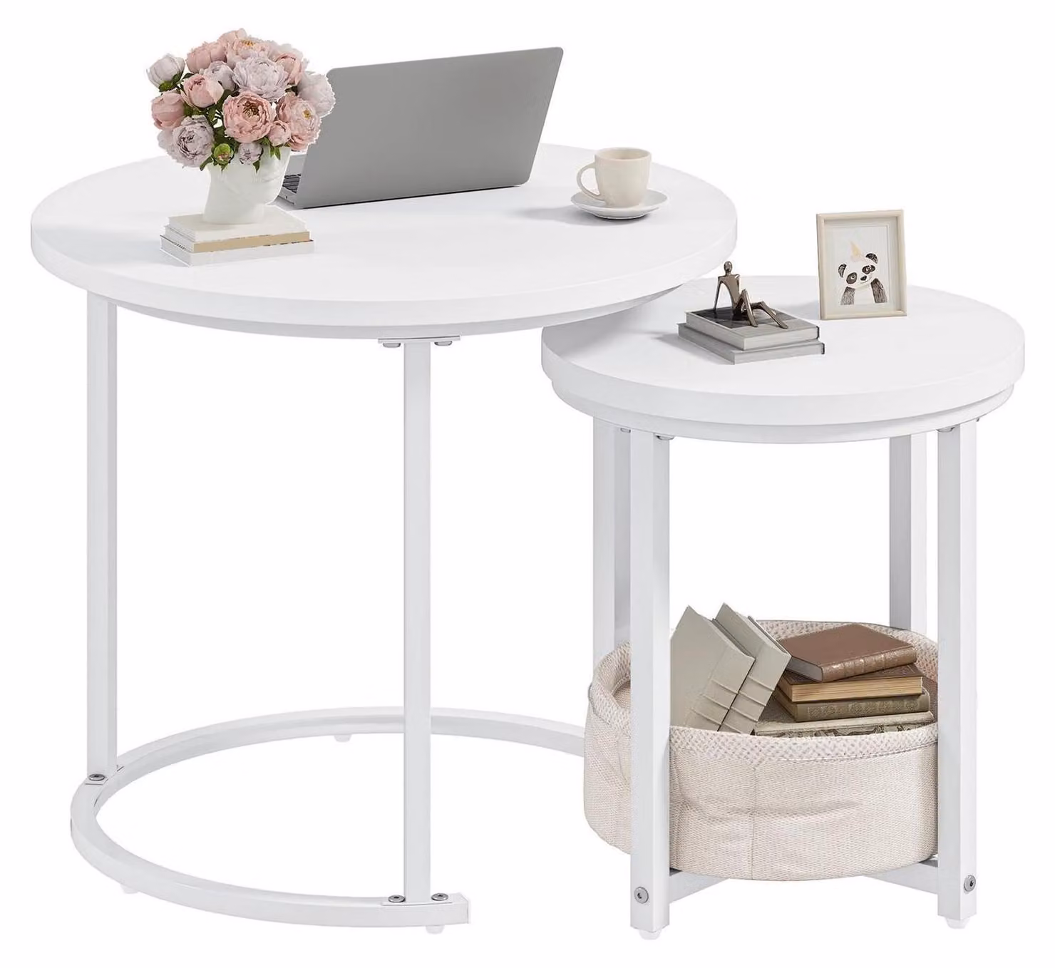 Set di 2 tavolini rotondi, impilabili, in legno e metallo, color bianco