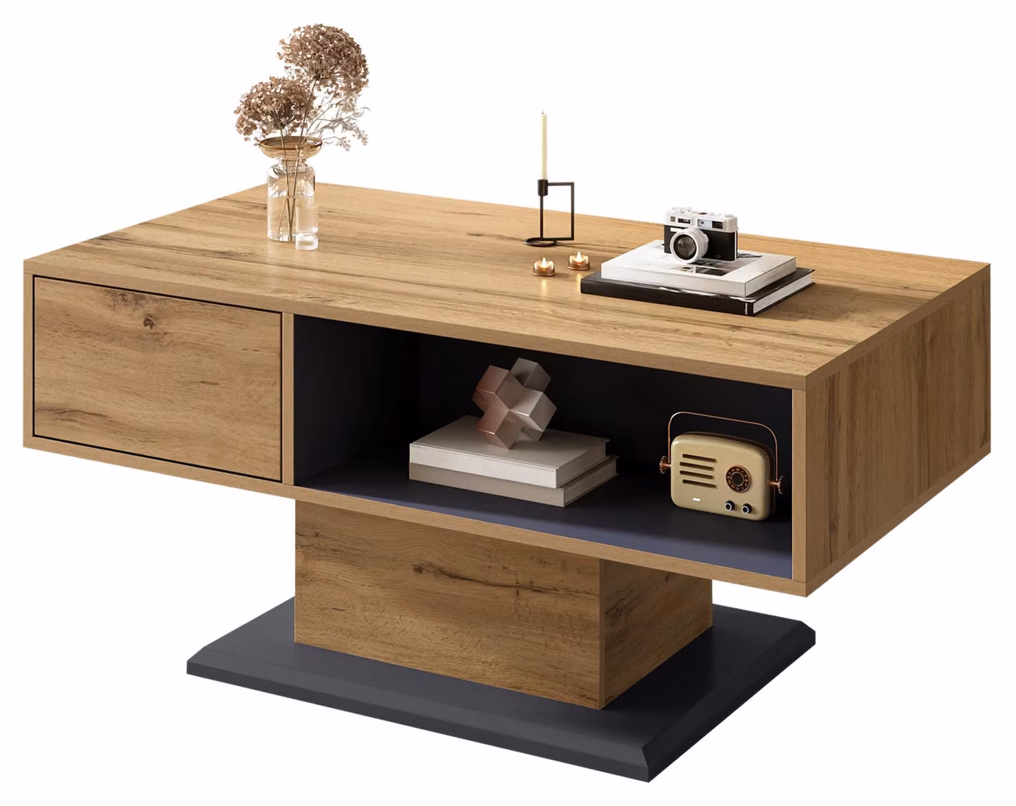 Tavolino Moonbite con spazio di stoccaggio su entrambi i lati, tavolino da soggiorno 100 × 50 cm con vani aperti e vano interno, senza maniglie, rivestito in melamina, realizzato in pannello di particelle, colore grigio