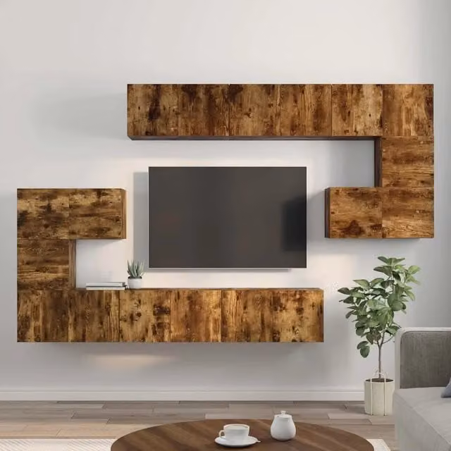 Set di mobili porta TV da 10 pezzi vidaXL in legno multistrato colore rovere fumo marrone per soggiorno