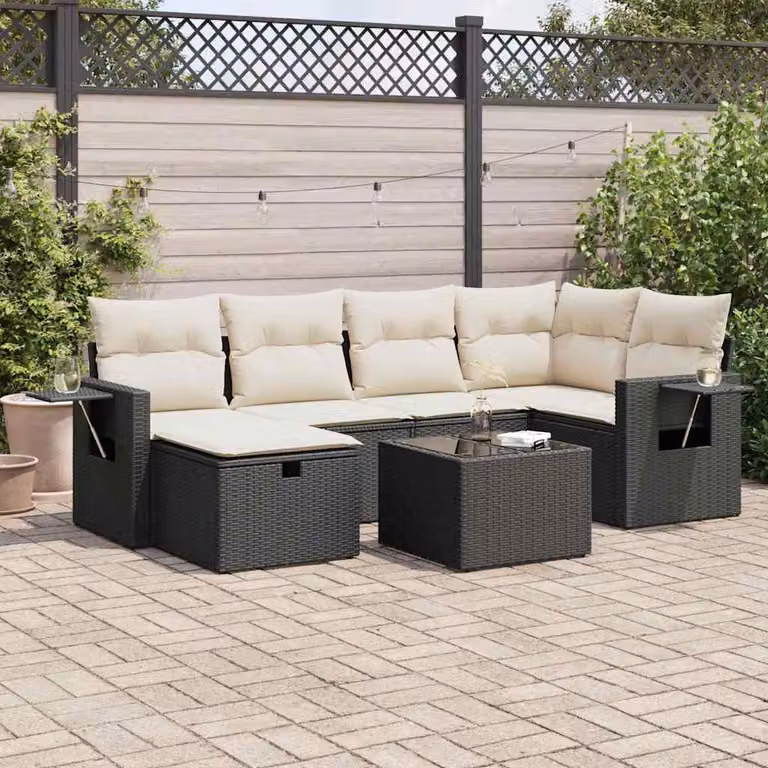 Set Divano da Giardino a L vidaXL con 7 Pezzi, Polyrattan e Cuscini, Nero e Bianco