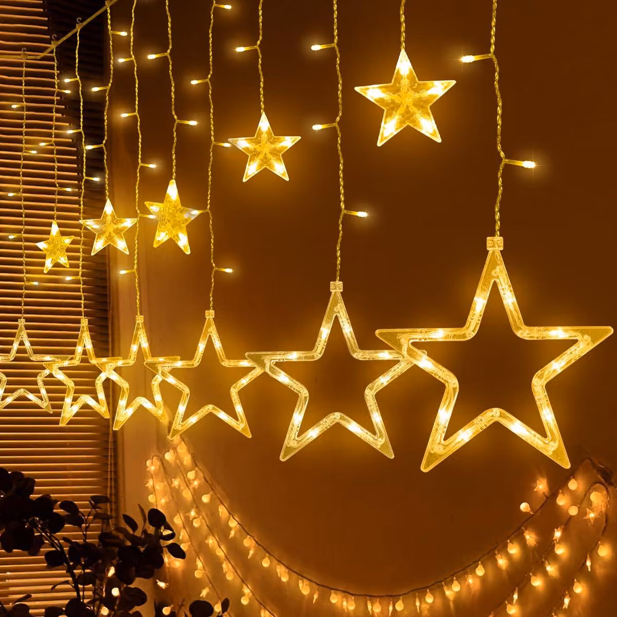 Tenda luminosa con 12 stelle, 138 LED, 31V, 8 modalità, timer, luce bianco caldo