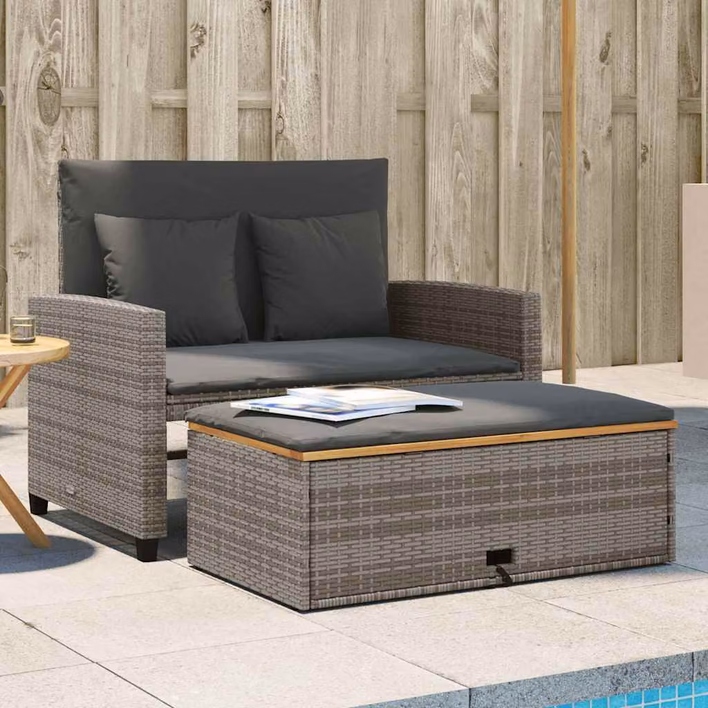 vidaXL Divano da Giardino a 2 Posti in Polyrattan Grigio con Cuscini e Funzione Letto