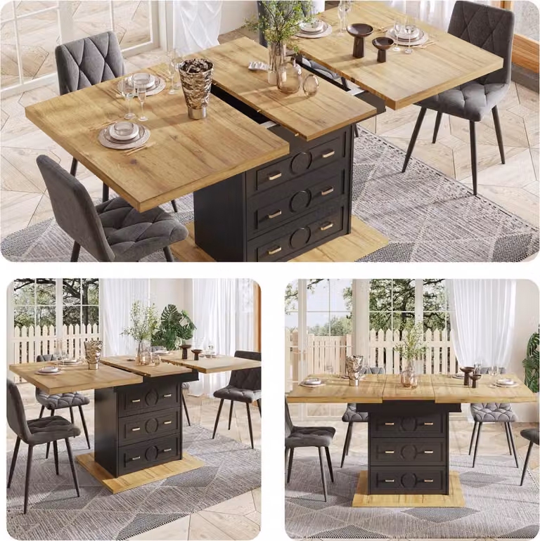 Tavolo da pranzo allungabile 110-140 cm con LED e spazio contenitivo, tavolo da cucina effetto legno naturale, tavolo da pranzo per 6 persone con 2 cassetti e chiusura magnetica