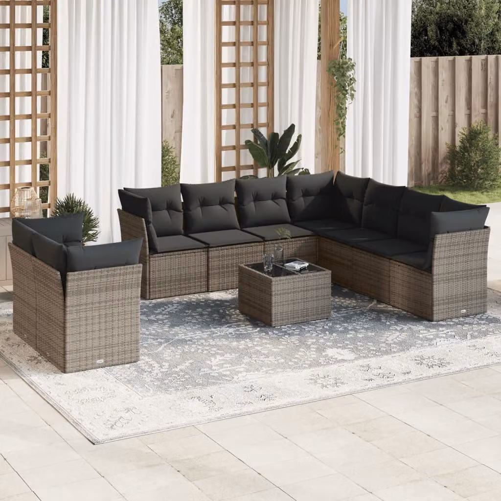 vidaXL Set Divano da Giardino 10 pz a L con Cuscini Grigio in Polyrattan e Tavolino da Esterno – 1