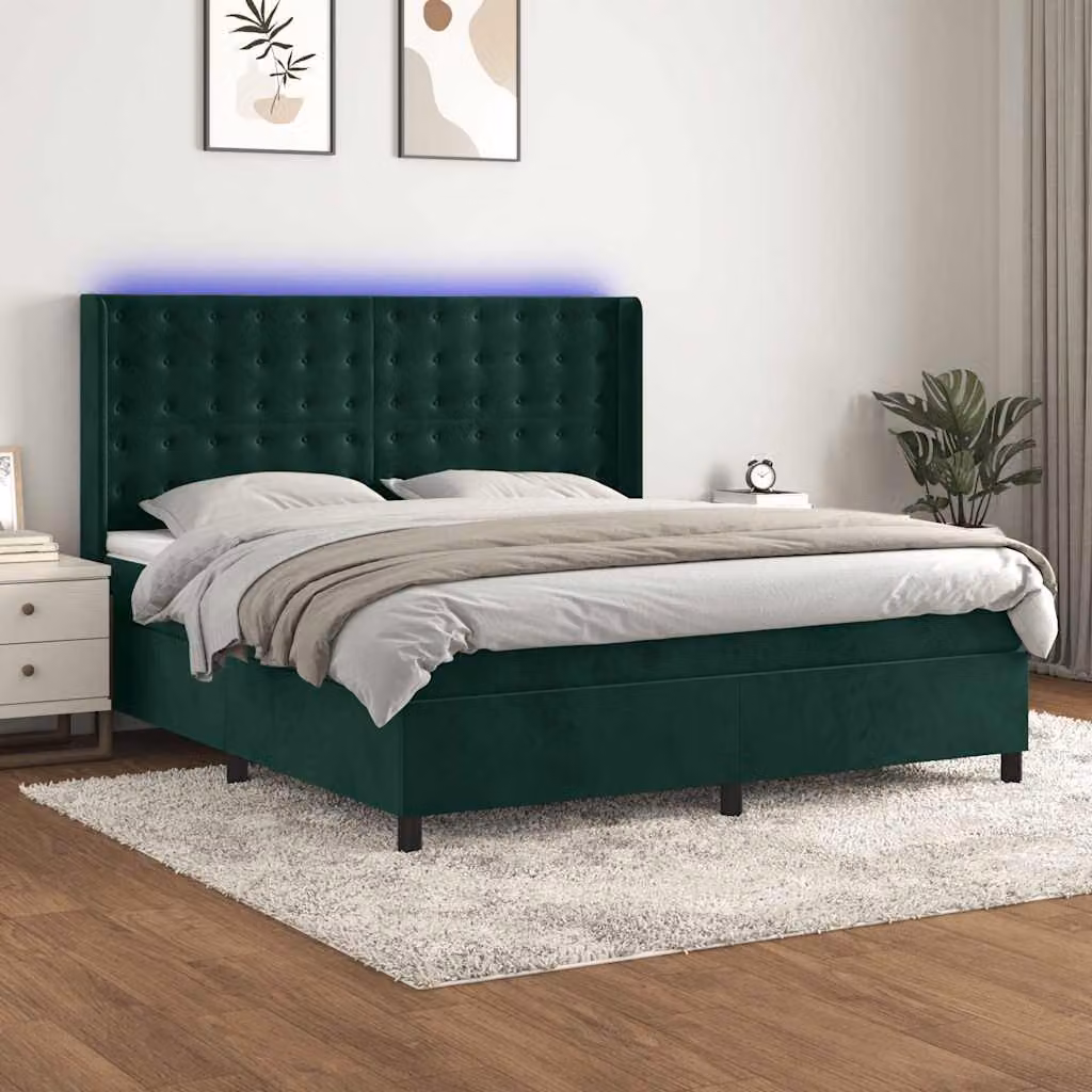 Letto Ibrido con Materasso a Molle Insacchettate e Illuminazione LED vidaXL in Velluto Verde, L/P: 160 x 200 cm