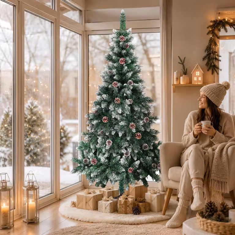 Albero di Natale artificiale Ikodm, altezza 180 cm, colore verde, con 28 pigne e effetto neve, 500 punte di rami, realizzato in PVC, con supporto in metallo
