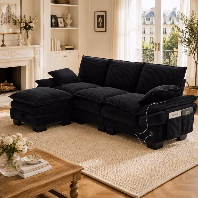 Divano modulare a 3 posti, rivestito in corda, con poggiapiedi, porta USB-C, tasche laterali, imbottitura in schiuma ad alta densità, design ergonomico (grigio chiaro)