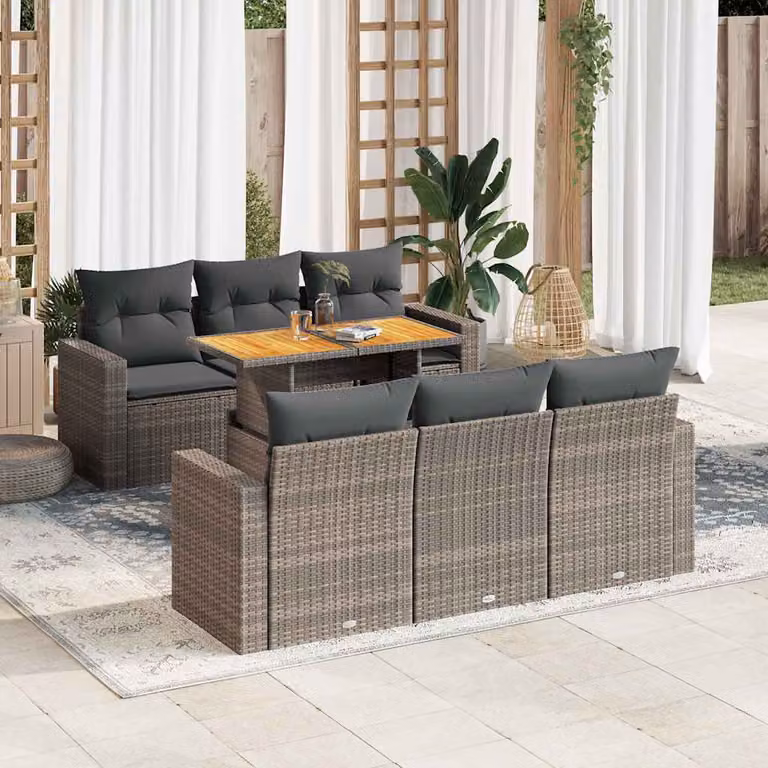 Set da giardino vidaXL in polyrattan grigio composto da 7 pezzi con cuscini e tavolino da esterno