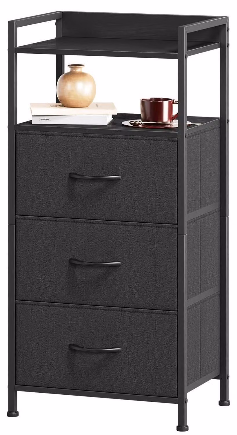 Comodino con 3 cassetti in tessuto, colore nero, dimensioni 28x40,2x85 cm