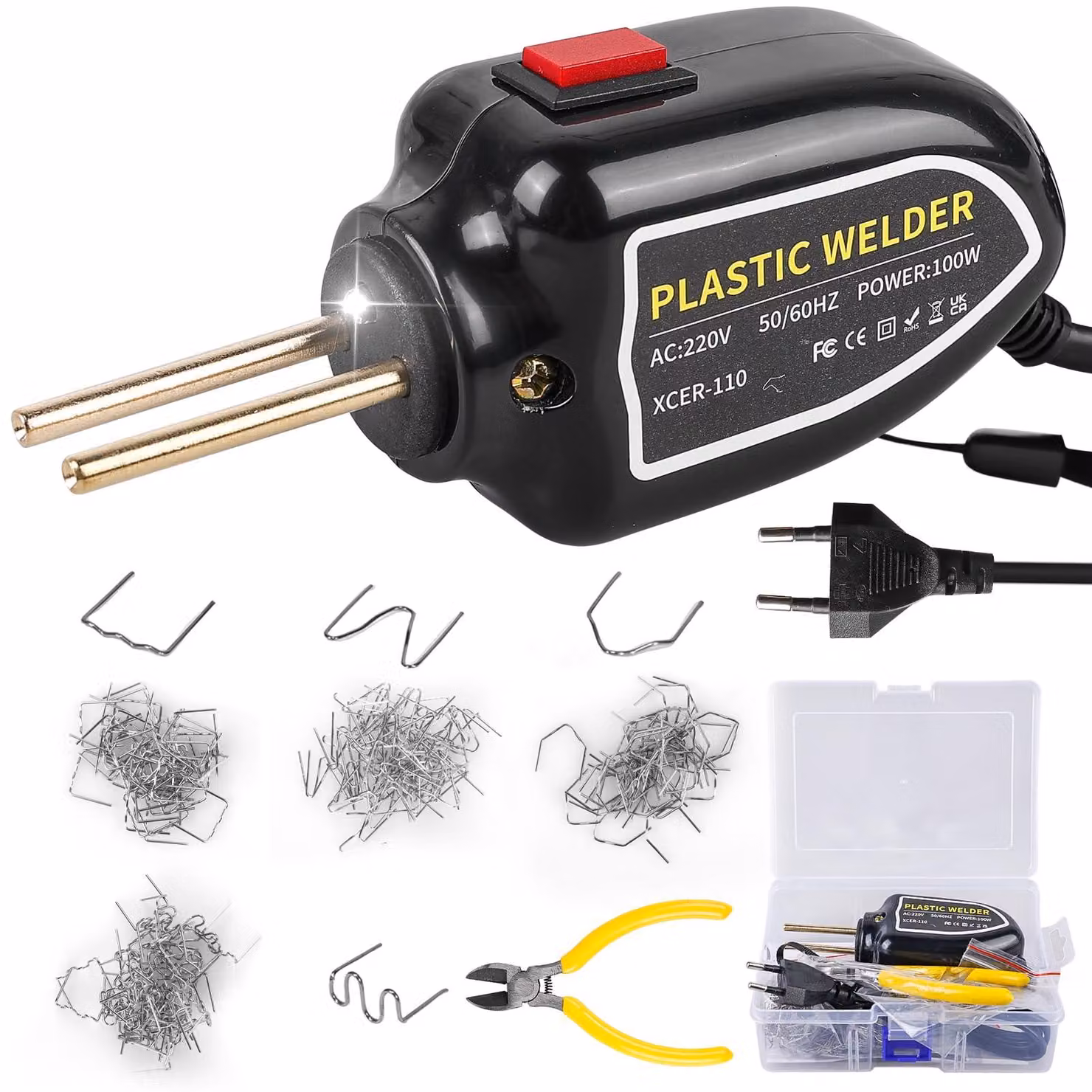 Saldatrice per plastica con 200 punti di saldatura di 4 tipi diversi e luce a LED, kit portatile da 100 W per riparazioni di paraurti automobilistici