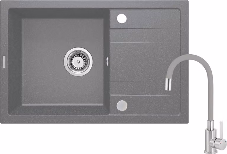 Lavello in granito grigio a 1 vasca con miscelatore e sgocciolatoio - granito opaco, reversibile, di facile installazione, antibatterico, per mobili da 500 mm e oltre