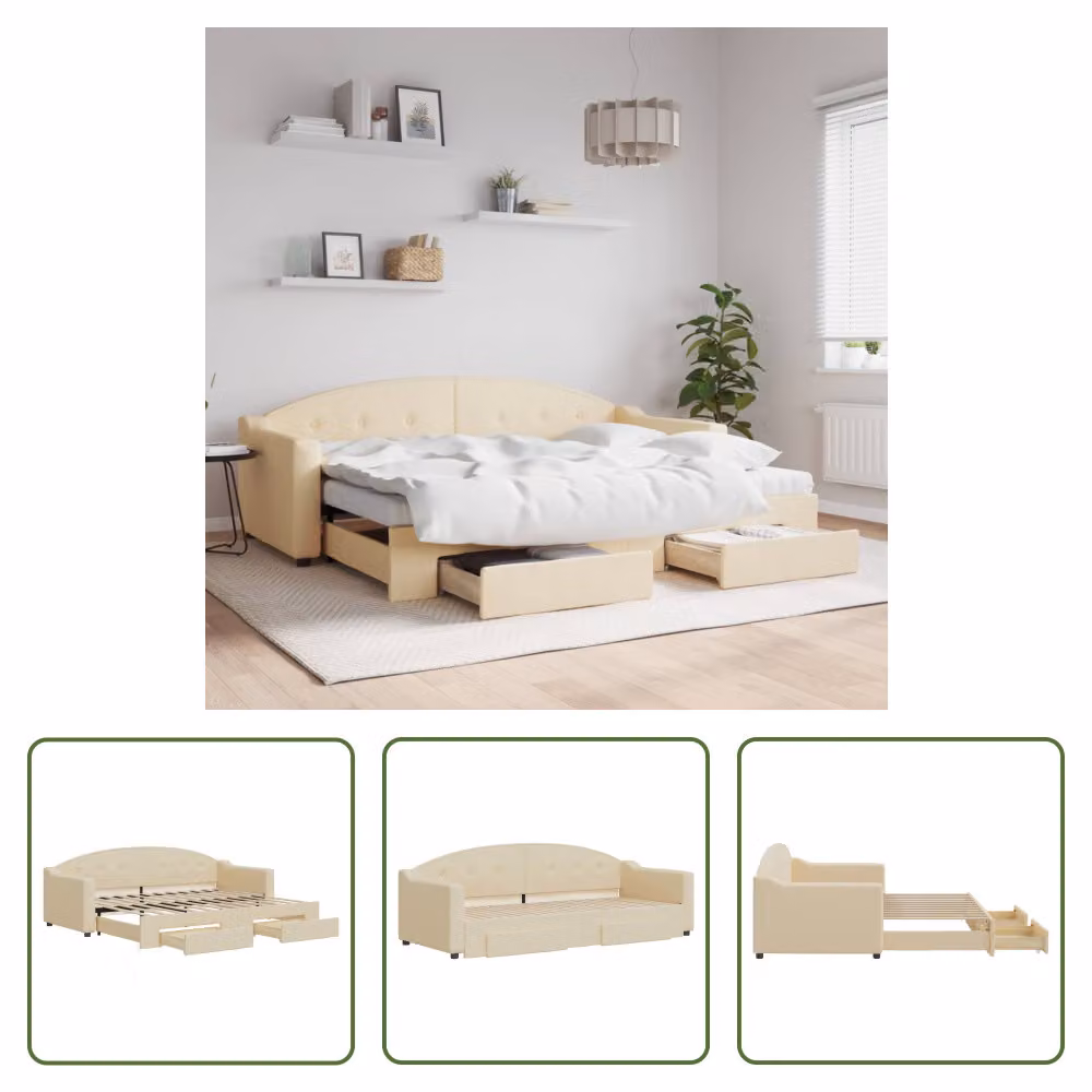 The Living Store letto da giorno allungabile con cassetti crema 80x200 cm in tessuto