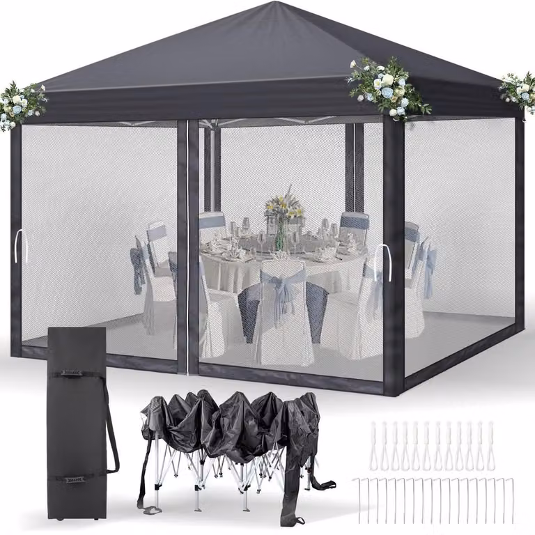 Tenda da esterno impermeabile, con protezione UV 50+, regolabile in altezza, dotata di zanzariere, dimensioni 3x3 metri, colore antracite, con 4 pannelli laterali