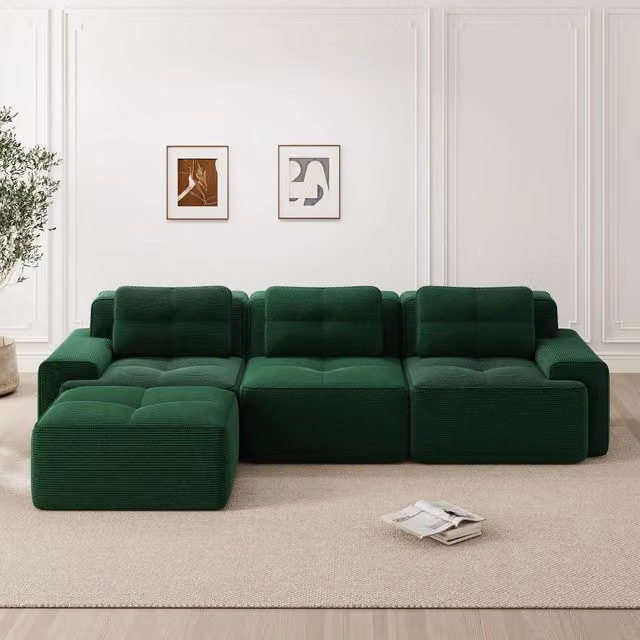 Divano modulare a nuvola a L 3 posti in velluto a coste verde 293 x 177 x 69 cm
